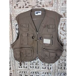 Vintage Berkley Fly Fishing Vest Photography Tan Beige Multi Pockets Zip Sz-XXL
